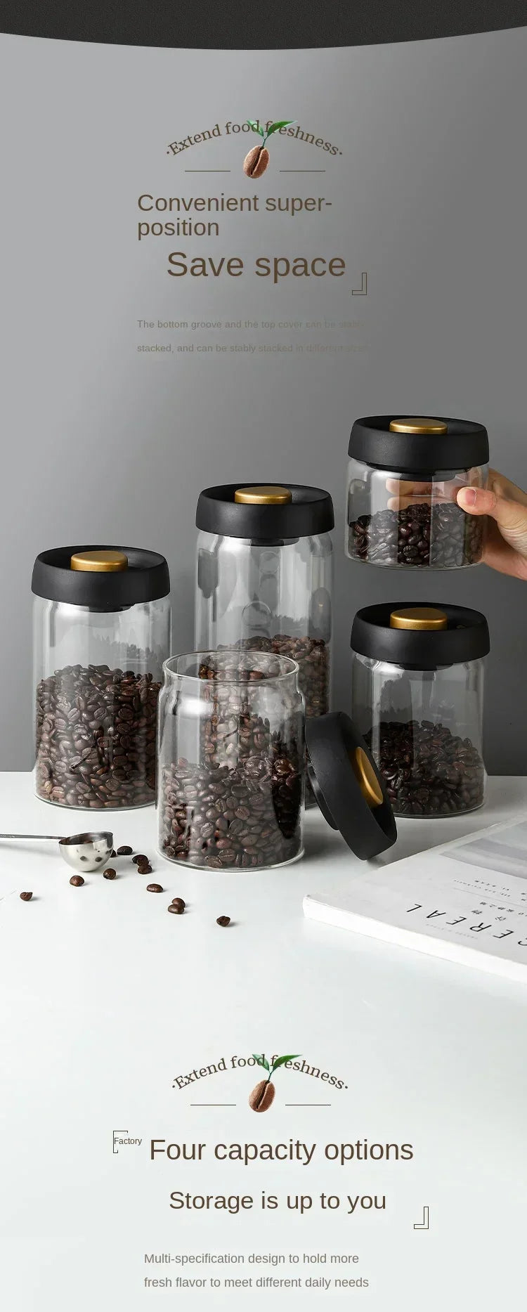 Pote de vidro a vácuo para cafés.